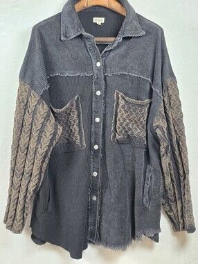 POL Black Corduroy Mixed Media Shacket Cable Knit Sleeves Smiley Patch Sz S